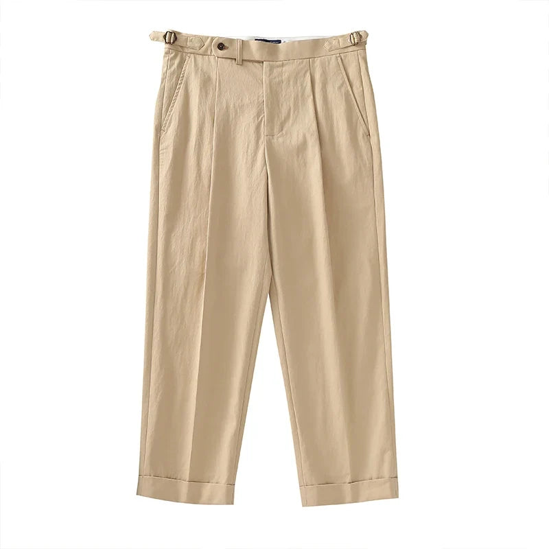 Casual style, blended fabric, men's light khaki twill relaxed straight-fit casual pants with Parisian button, cotton