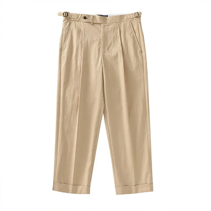 Casual style, blended fabric, men's light khaki twill relaxed straight-fit casual pants with Parisian button, cotton