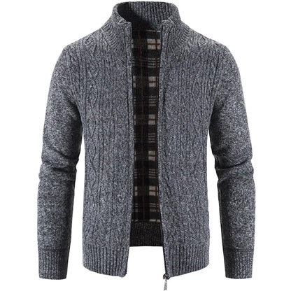 Winter Autumn New Sweater Knit Cable Cardigan Men Business Casual Jacket Zipper Up Solid Color Turn-down Coat Fleece Clothes