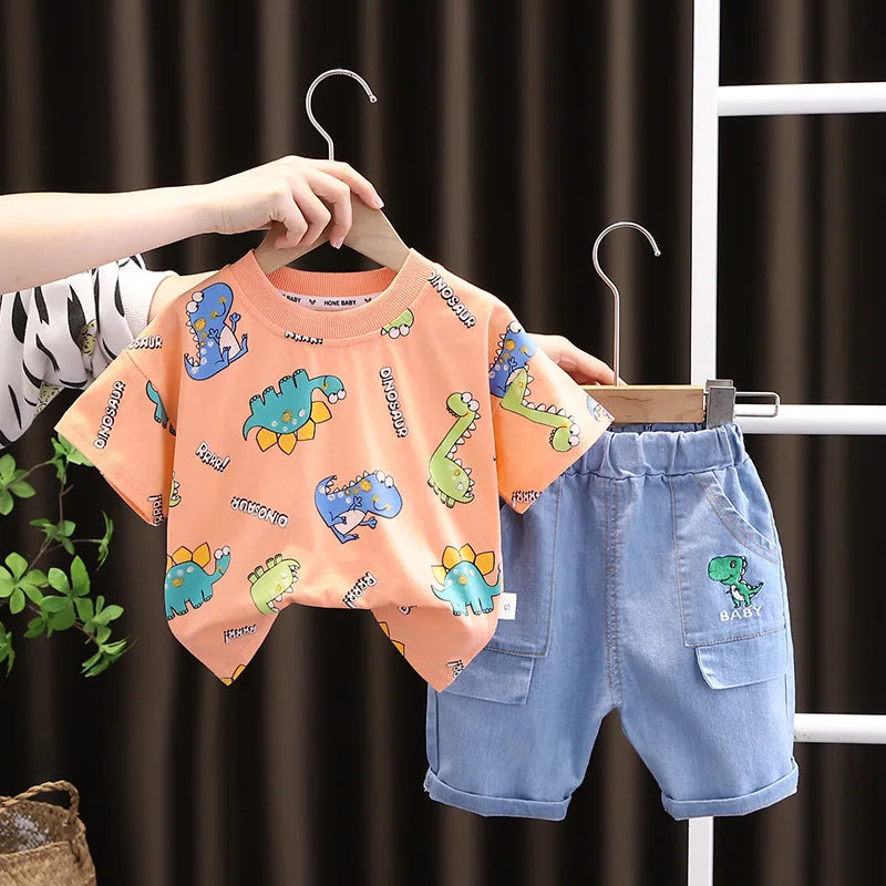 Summer Toddler Clothes Suit Full Print Dinosaur Pattern Short Sleeved Tshirt&shorts Set For Outdwear Tracksuit Boys Clothes Suit