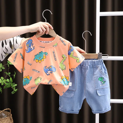 Summer Toddler Clothes Suit Full Print Dinosaur Pattern Short Sleeved Tshirt&shorts Set For Outdwear Tracksuit Boys Clothes Suit