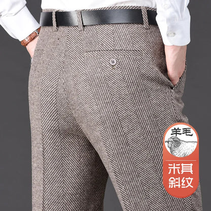Autumn Winter Suit Pants Thicken Mens British Pants Straight Flat Loose High Waist Twill Dress Men Wool Trousers Size 40 42 44