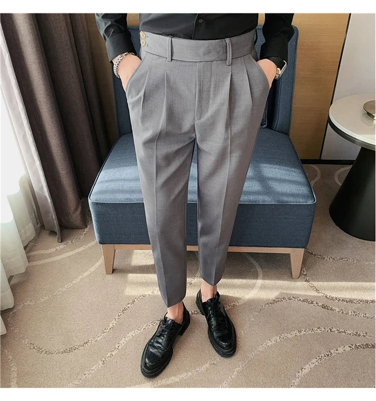 British Style Twill Pleat Design Naples High Waist Casual Trousers Fashion Man Slim Simple Social Party Suit Pant Plus Size 38