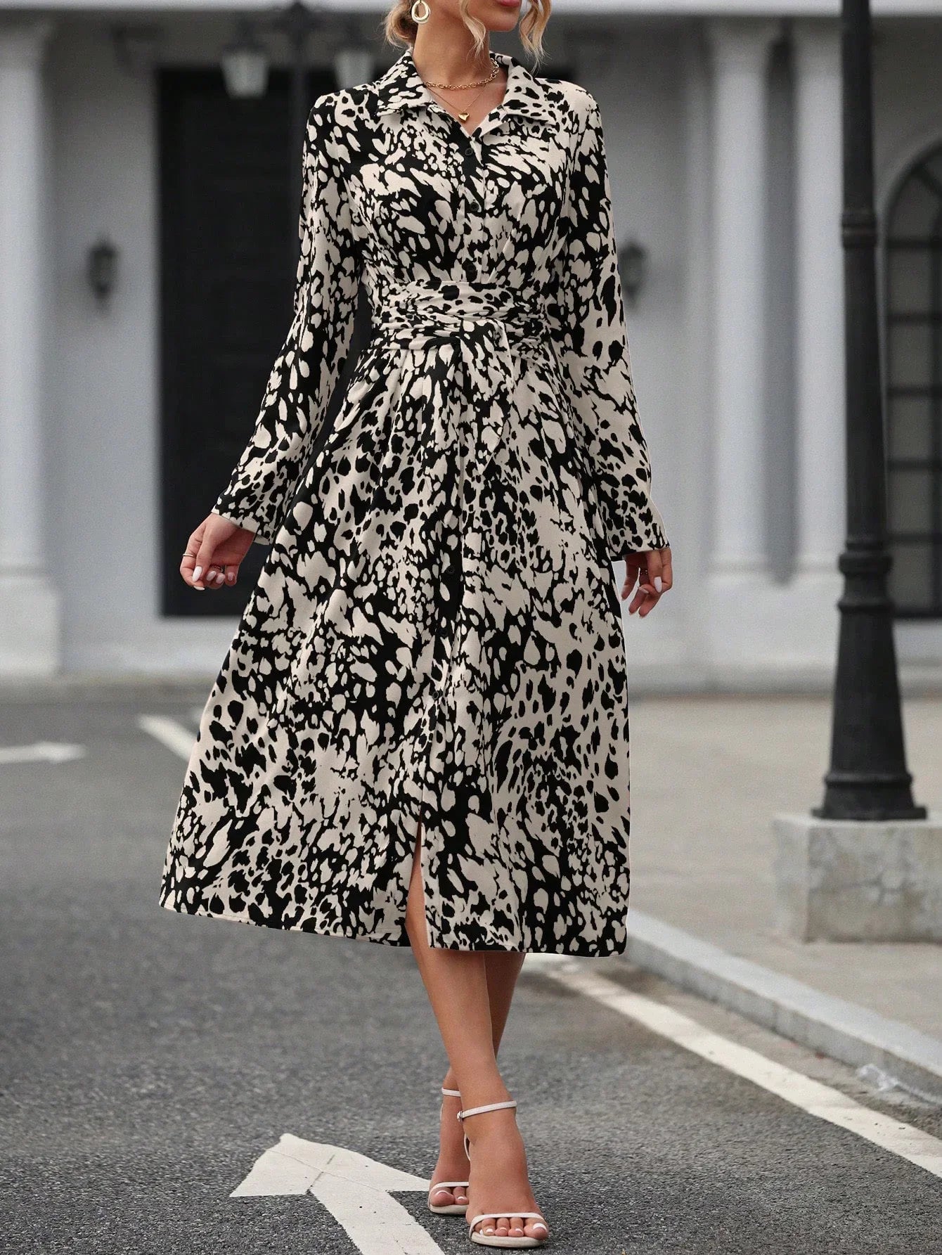 Elegant Random Print Button Down Shirt Dress Women's Long Sleeve Belted Waist Midi Dress Spring Fall Office Casual Dress
