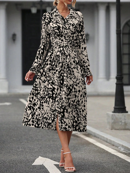 Elegant Random Print Button Down Shirt Dress Women's Long Sleeve Belted Waist Midi Dress Spring Fall Office Casual Dress