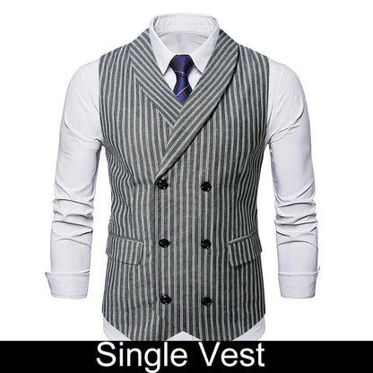 Man Suit Vest Vintage Striped Double-breasted Men Waistcoat British Style Slim Sleeveless Casual Versatile Male Vest