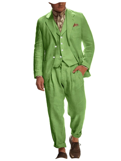 Italian Style Men's Linen 3 Piece Set Notch Lapel 2 buttons Blazer+Vest+Pants Breathable Lightweight Summer Casual Business Suit