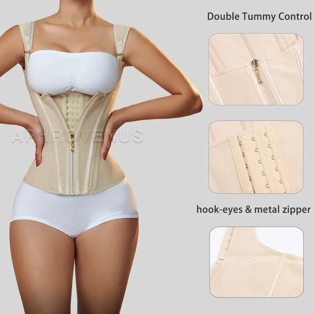 Fajas Colombianas Women Double Compression Waist Trainer Corset with Bone Adjustable Zipper and Hook-eyes Flat Belly Body Shaper
