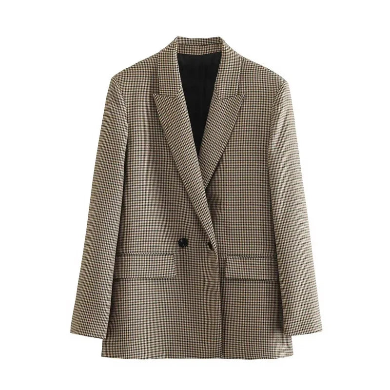 2025 New Women Fashion Double Breasted Plaid Blazer Coat Vintage Long Sleeve Flap Pockets Female Outerwear Chic Vestes Femme