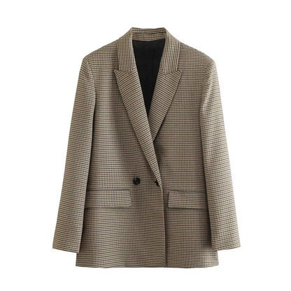 2025 New Women Fashion Double Breasted Plaid Blazer Coat Vintage Long Sleeve Flap Pockets Female Outerwear Chic Vestes Femme