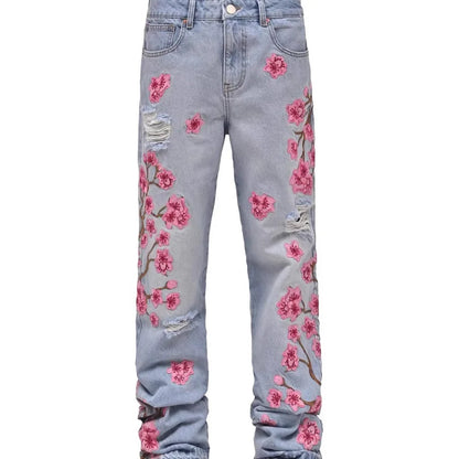 Men Jeans Print Straight Pants Men Denim Jean Button Pockets Pants Streetwear High Street Mid Waist Hole Spliced Spring Summer