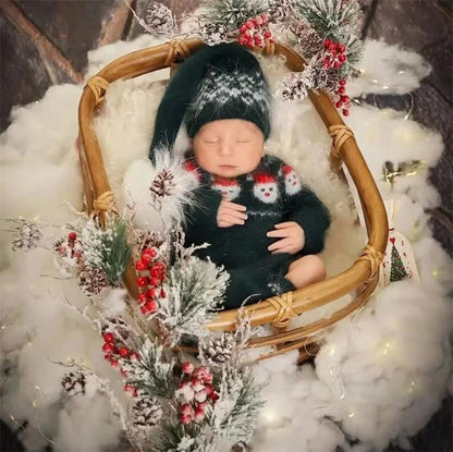 Christmas Baby Clothing Newborn Boy Girl Photography Santa Claus Costumes Sets Green Knitted Romper Stockings Hat 3pcs for Xmas