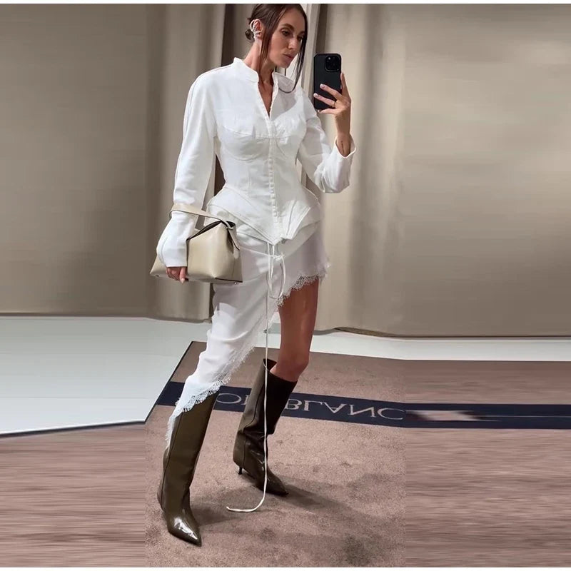 Elegant White Women's Long Sleeve Top Slim Fit Corset Bustier Shirt Casual Office Party Streetwear Y2K Fashion Outerwear 2026