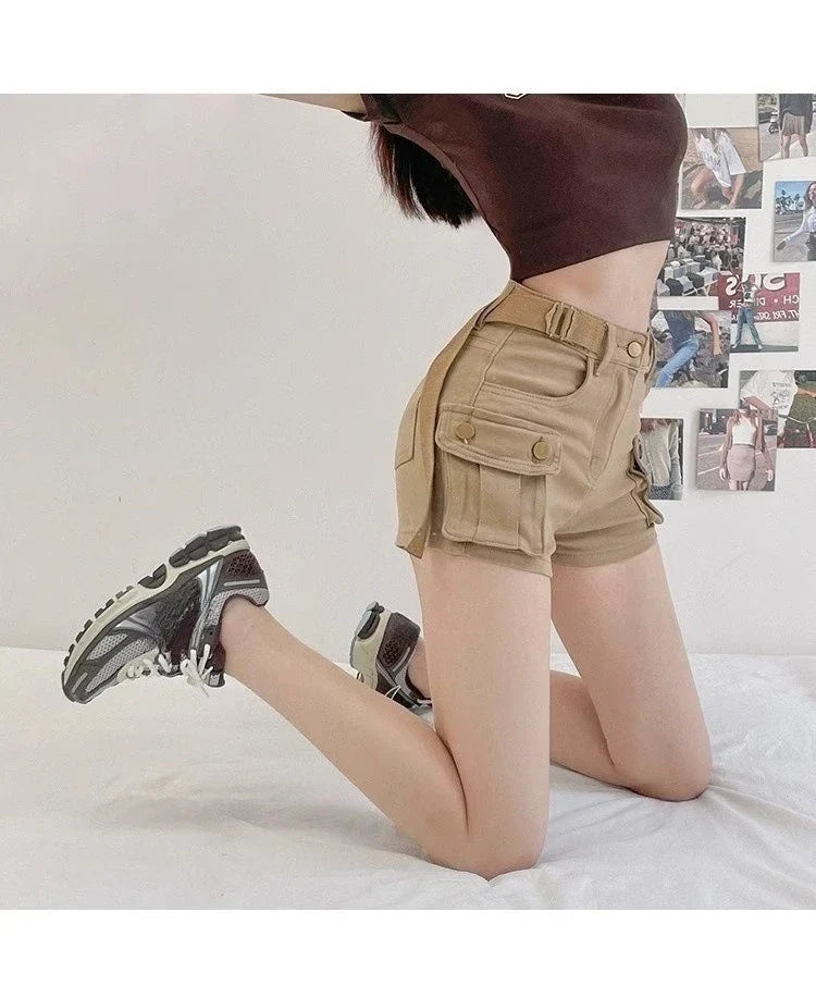 Women Military Green Denim Cargo Shorts Summer High Waisted Loose Wide Leg Y2K Hot Girl Casual Short Pants with Pockets