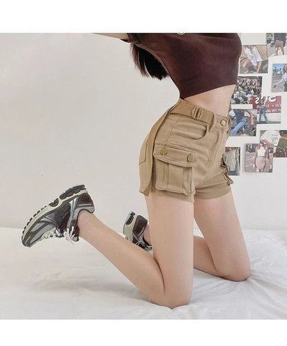 Women Military Green Denim Cargo Shorts Summer High Waisted Loose Wide Leg Y2K Hot Girl Casual Short Pants with Pockets