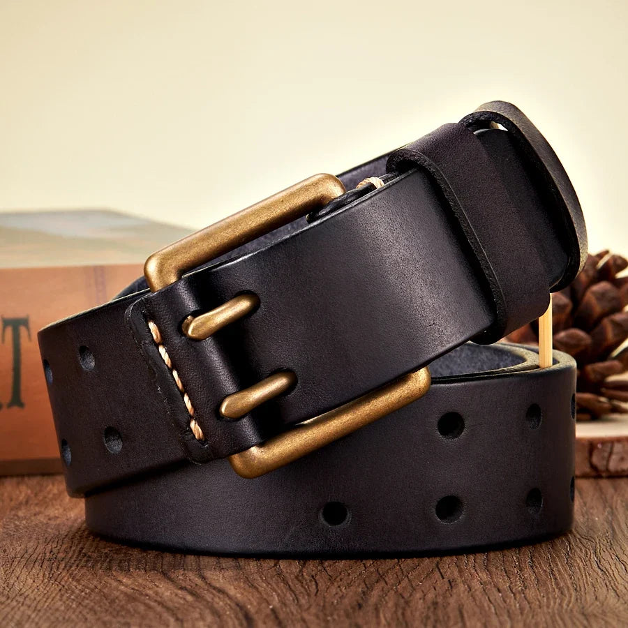 3.8cm Wide Retro Vintage Men's Belt Cowhide Genuine Leather Belt Copper Double Needle Buckle Handmade Cowboy Jeans Belt