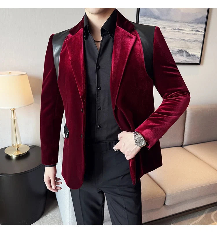 Autumn Winter New Men Mercerized Velvet Slim Fit Suit Coats Fashion Leather Splicing Casual Business Formal Party Tailcoat 4XL-M