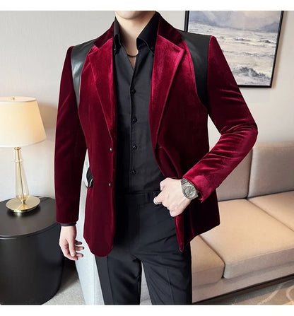 Autumn Winter New Men Mercerized Velvet Slim Fit Suit Coats Fashion Leather Splicing Casual Business Formal Party Tailcoat 4XL-M