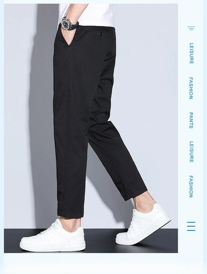 High Quality Summer Men's White Ankle Length Casual Pants 97%Cotton Breathable Straight Business Slim Work Chino Trousers Man