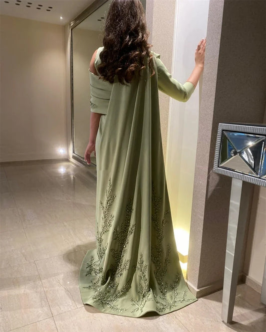 Customized  High Quality Boat Neck Sheath Stole Appliques Party Dress Floor Length Formal Evening Gowns Выпускные платья 이브닝드레스