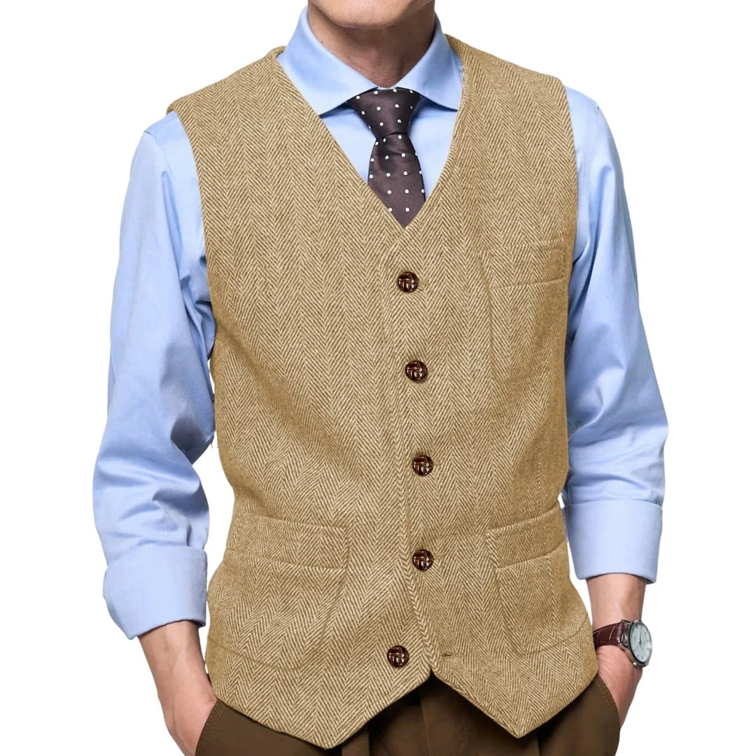 Men Vest Gray Herringbone Single Button With Pocket Waistcoat For Wedding Party Business Work Office Daily Casual Men Suit Vest
