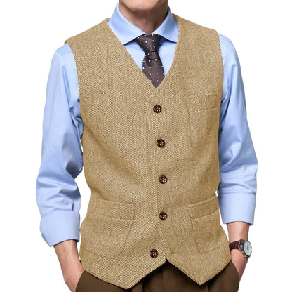 Men Vest Gray Herringbone Single Button With Pocket Waistcoat For Wedding Party Business Work Office Daily Casual Men Suit Vest