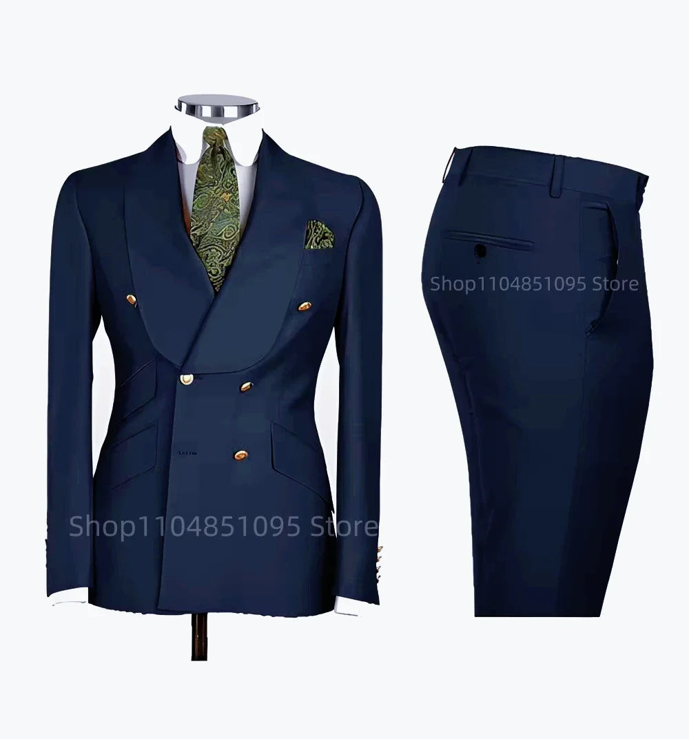 Smart Casual Solid 2 PCS Men Suits Formal Groom Tuxedos Shawl Lapel Double Breasted Jacket Pants Business/Wedding Suits Set