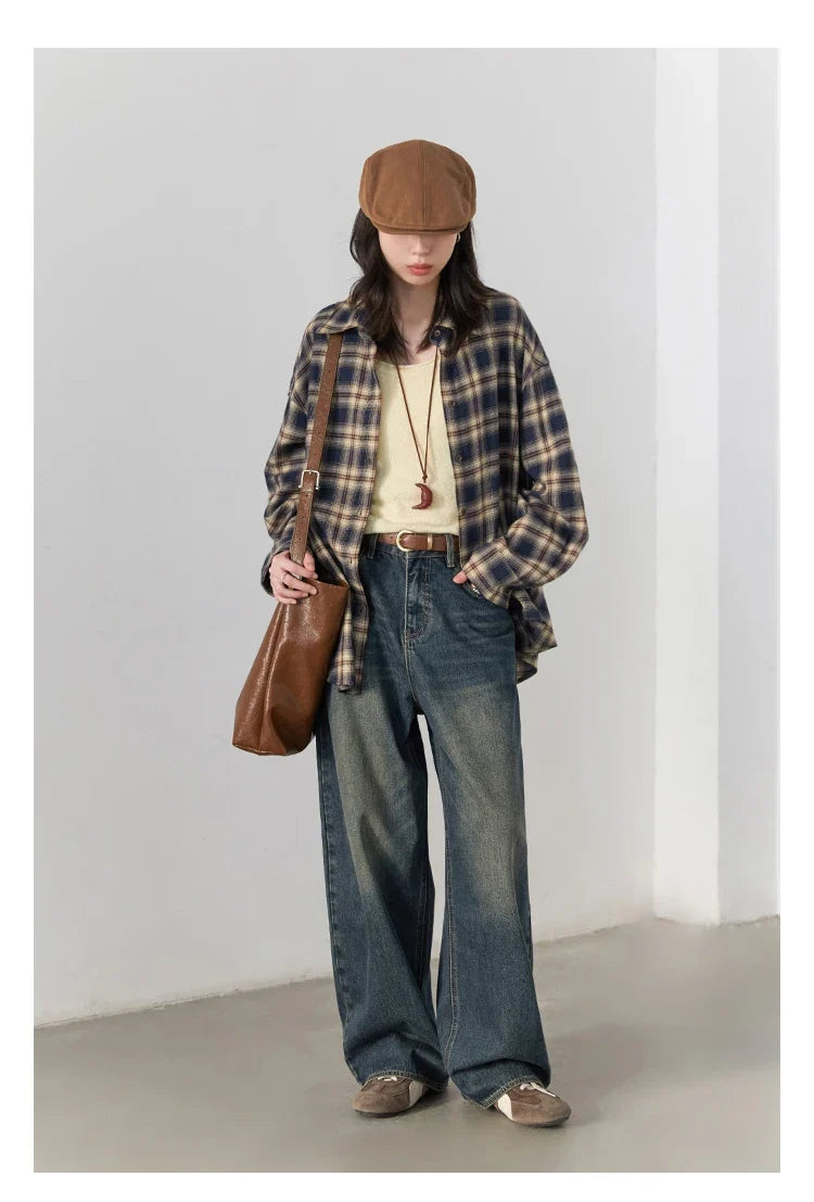 Women Shirts Loose Casual New Sanding Plaid Shirt Long Sleeve Medium Long Length Blouses Female Tops Spring Autumn 2025