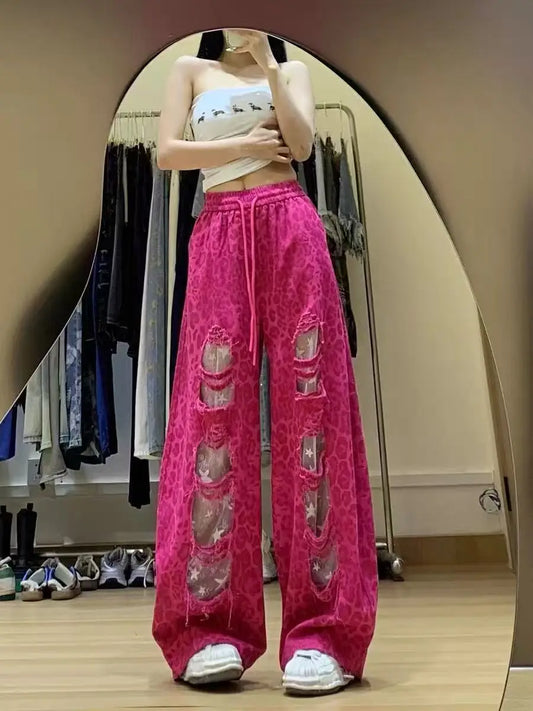 Retro American Lace Leopard Print Patchwork Hole Denim Pants Women Summer New Elastic Waist Wide Leg Slimming Floor-Length Pants