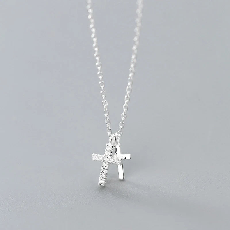 Fashion Shiny Zircon and Glossy Cross Pendant Necklace for Women Pure 925 Sterling Silver Long Chain Necklace Jewelry