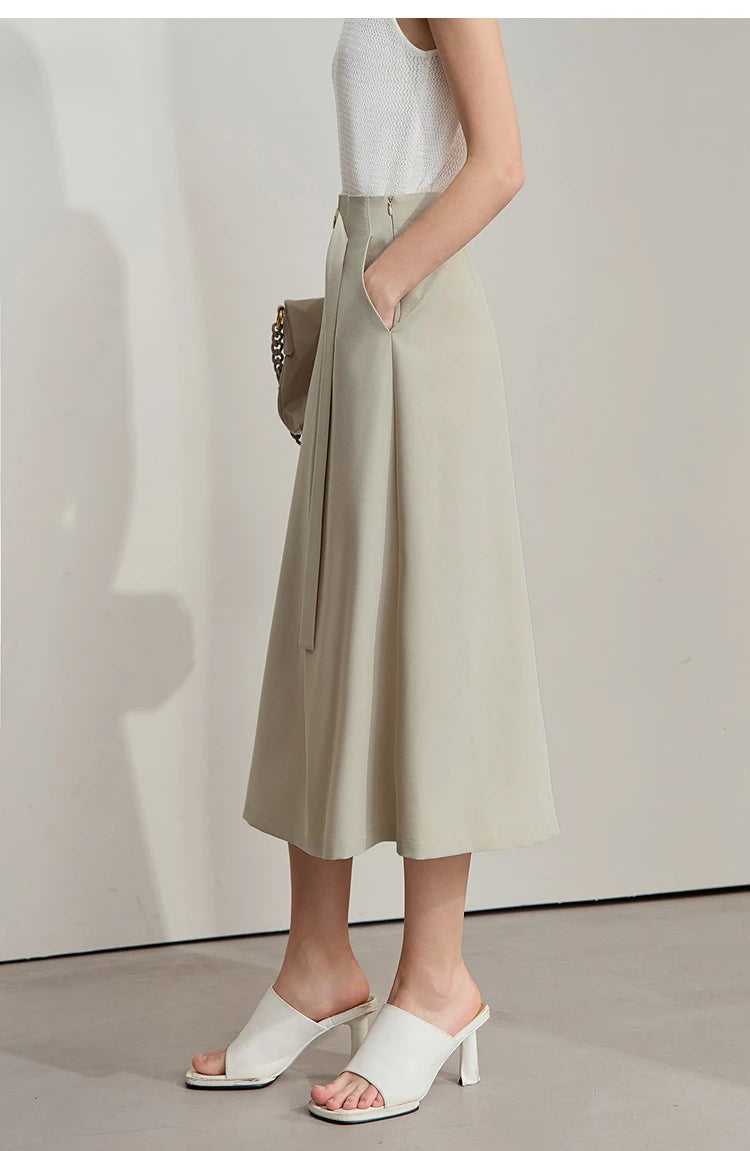 Minimalist Knee length Skirt Women Pleated A-line Loose Dress Elegant Commuting Style Belt Decoration Skirts 12522074