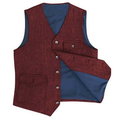 Men Vest Dark Green Herringbone Single Button V Neck Pocket Waistcoat For Wedding Party Business Work Daily Casual Men Suit Vest