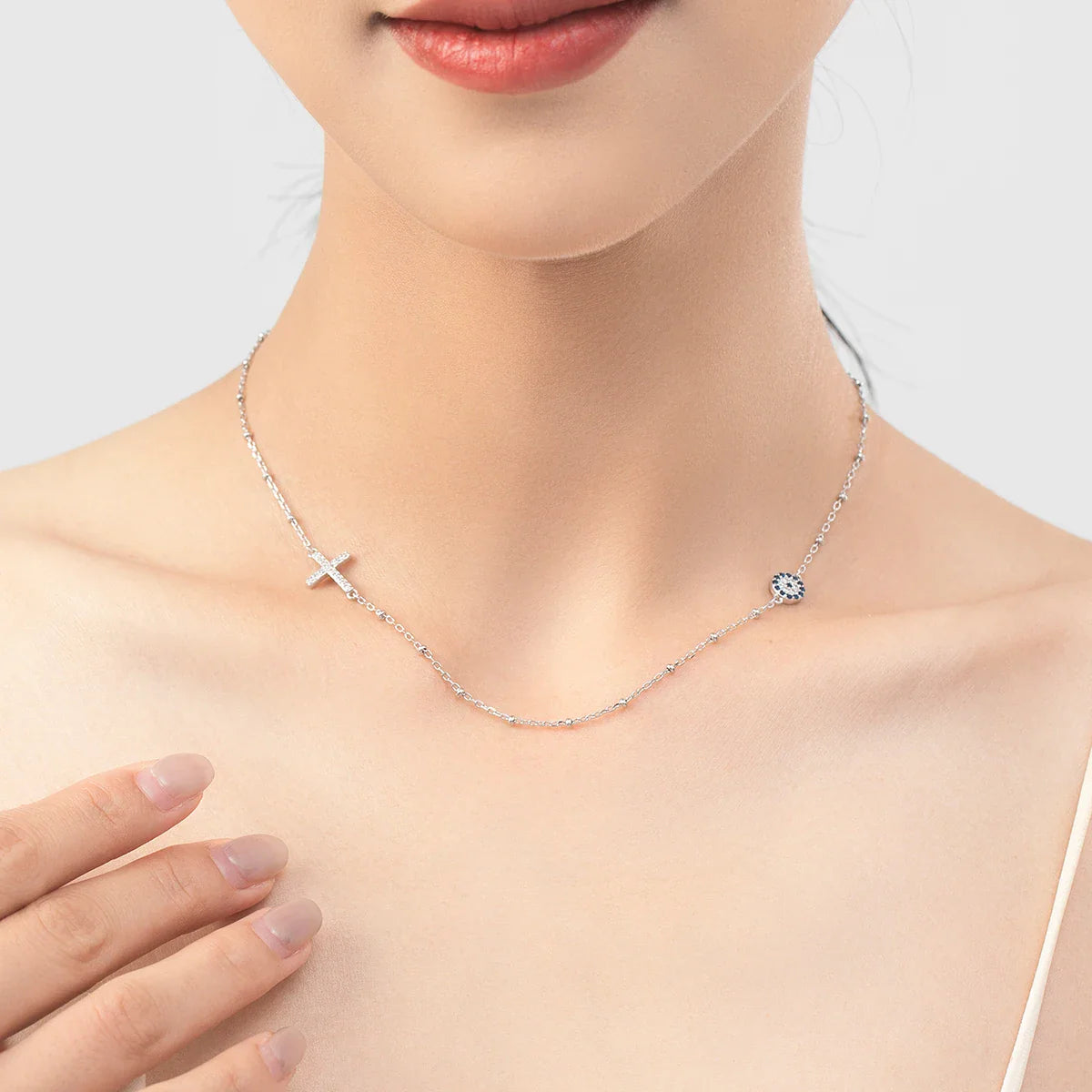 Simple Cross Beads Necklace Real 925 Sterling Silver Blue Zirconia Eye Link Chain Necklaces For Women Party Fine Jewelry