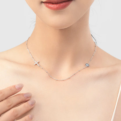 Simple Cross Beads Necklace Real 925 Sterling Silver Blue Zirconia Eye Link Chain Necklaces For Women Party Fine Jewelry