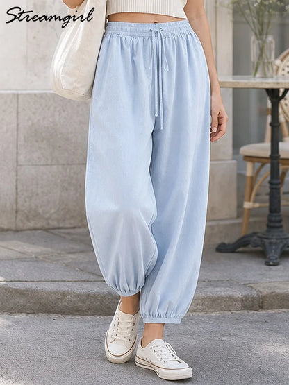 Summer Cotton Oversized Pants For Women Blue Baggy Aladdin Trousers Elastic Bloomers Navy Blue Cropped Lantern Harem Pants Woman