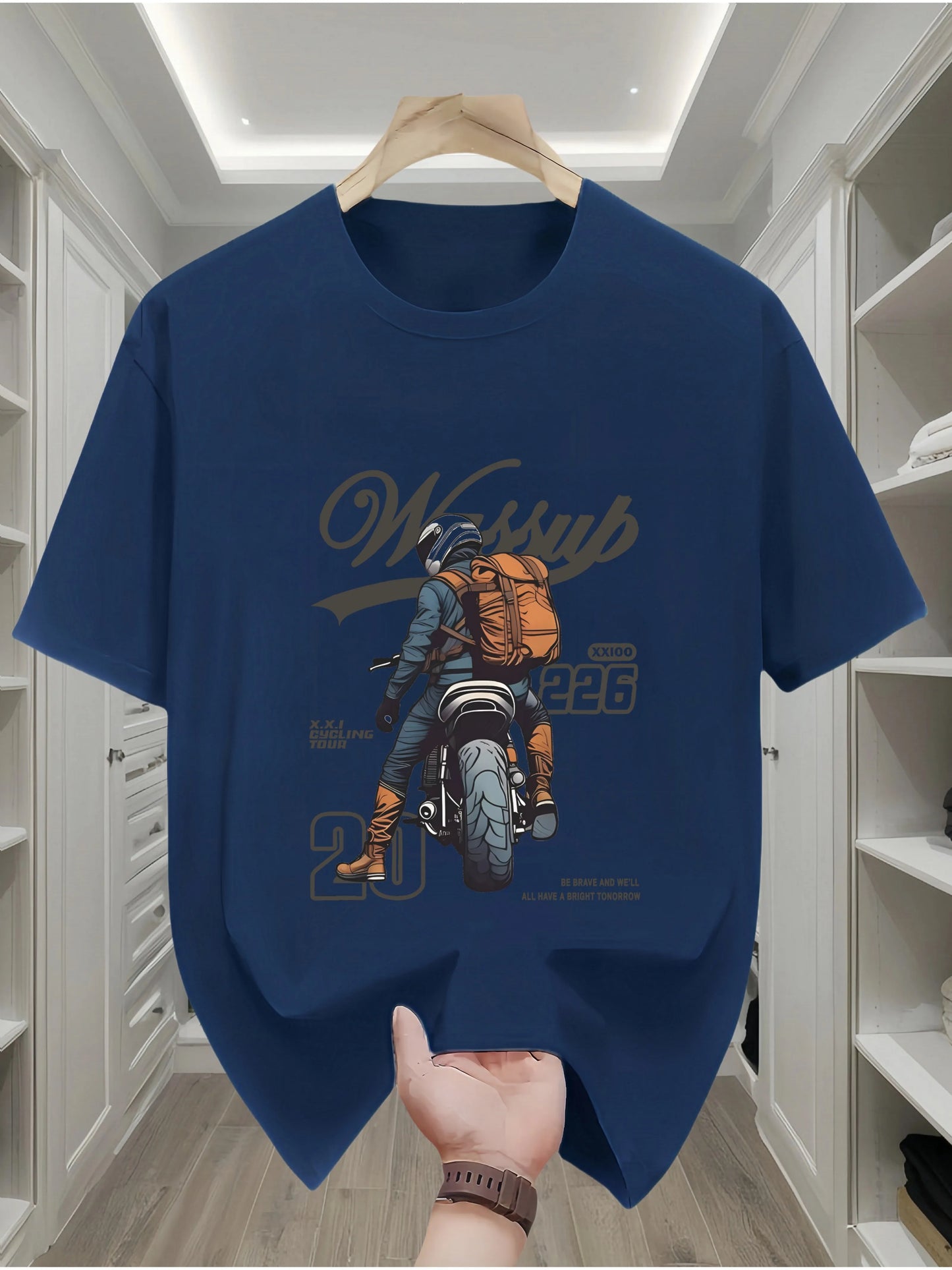 Summer men's 100% pure cotton casual loose oversized classic motorcycle creative printed round neck short sleeved T-shirt top