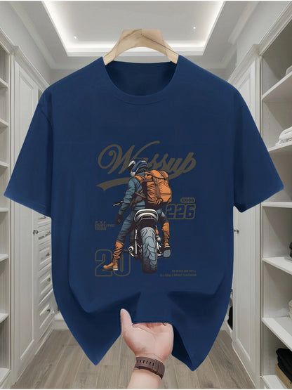 Summer men's 100% pure cotton casual loose oversized classic motorcycle creative printed round neck short sleeved T-shirt top