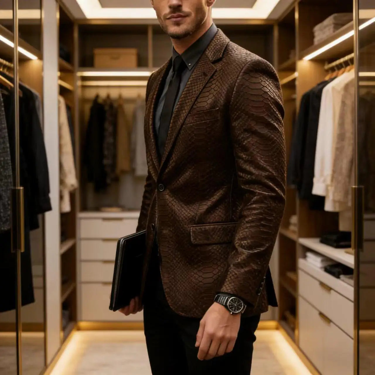 Men's Luxury Crocodile Pattern Leather Blazer Slim Fit Two Button Notch Lapel Suit Jacket Business Casual Wedding Tuxedo Dress