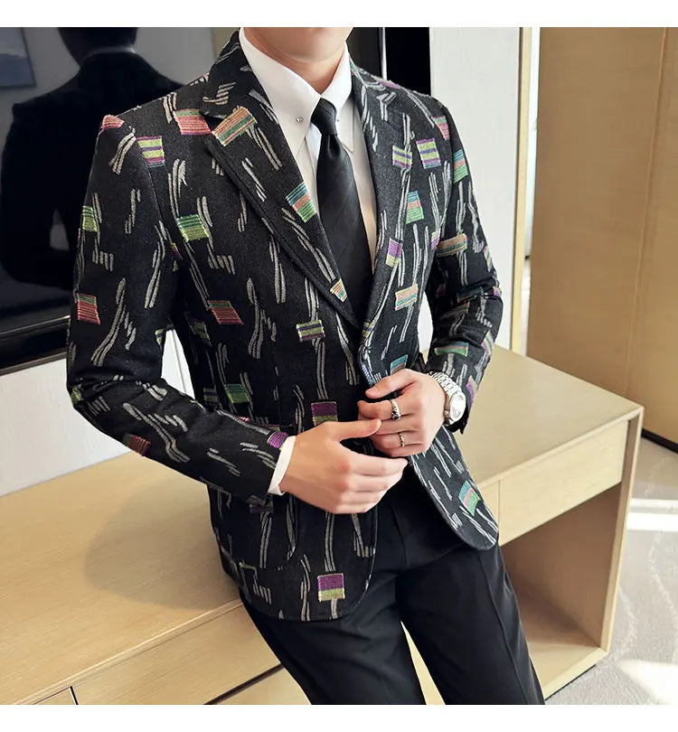 2025 New Luxury Denim Jacquard Suit Coats Men Fashion Slim Fit Suit Casual Business Party Coat Uniform Wedding Social Tailcoat
