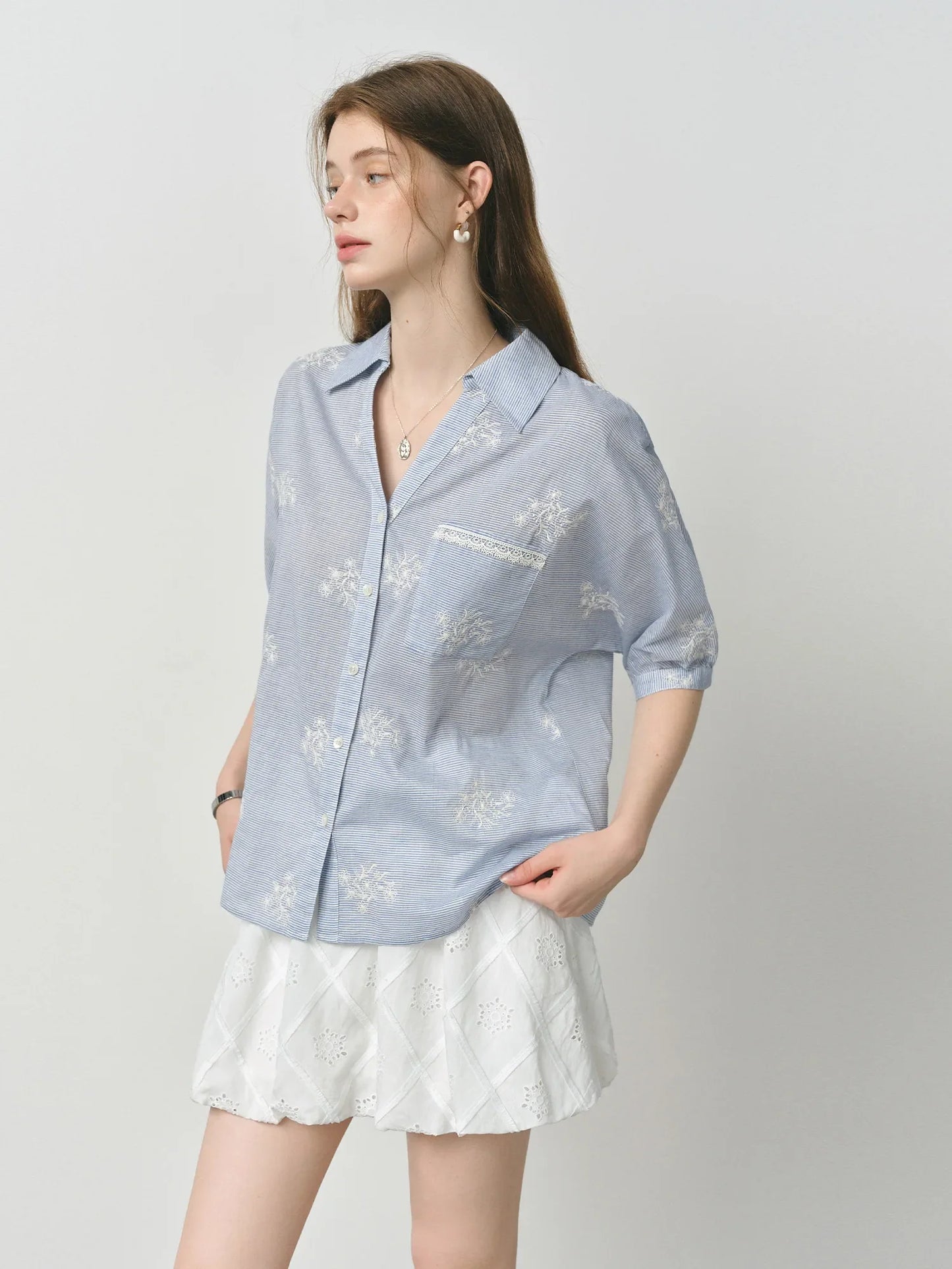 Summer Garden Embroidery Heavy Striped Shirt Women 2025 Summer New Back Hollow Top 25FS12883
