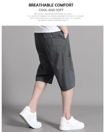 Mens Cargo Shorts Knee Pants Zipper Pocket Summer Cotton Shorts Climbing Jogger Elastic Waist Sports Wear