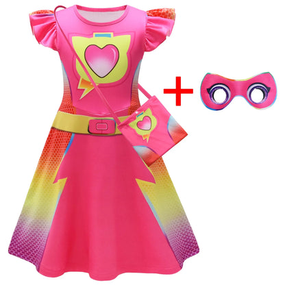 Children's SuperKitties Dresses Super Kitties Cosplay Costume Girls Flying Sleeves A-Line Dress Bag Mask Carnival Birthday Gift