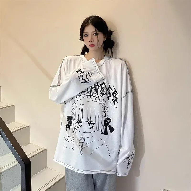 Harajuku Kawaii T-Shirt Women Sweet Japanese Gothic Subculture Loose Letter School Student Tees Long Sleeve Top Spring Outwear