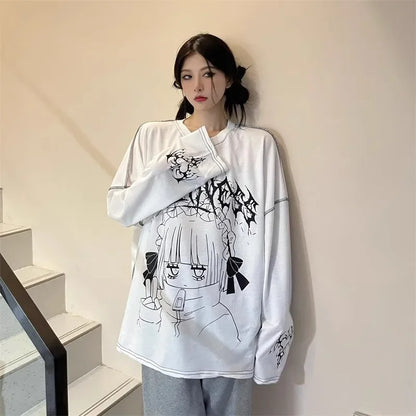 Harajuku Kawaii T-Shirt Women Sweet Japanese Gothic Subculture Loose Letter School Student Tees Long Sleeve Top Spring Outwear