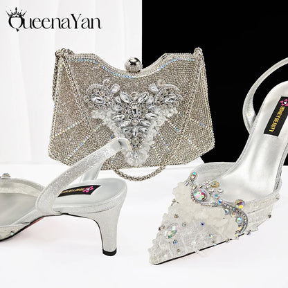 Med Heel Shoe for Women Hollowed Out Embroidery Rhinestone Italian Design Coffee Color Pointed-Toe Shoes and Bags Set