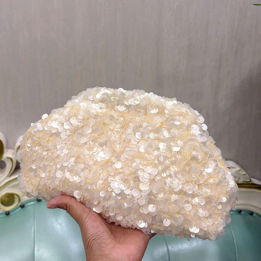 White Sequined Clutch Bag Versatile Beaded Chain Shoulder Bag Fashion High-end Bridal Party Handbag Trendy Clip Bag Evening Bag