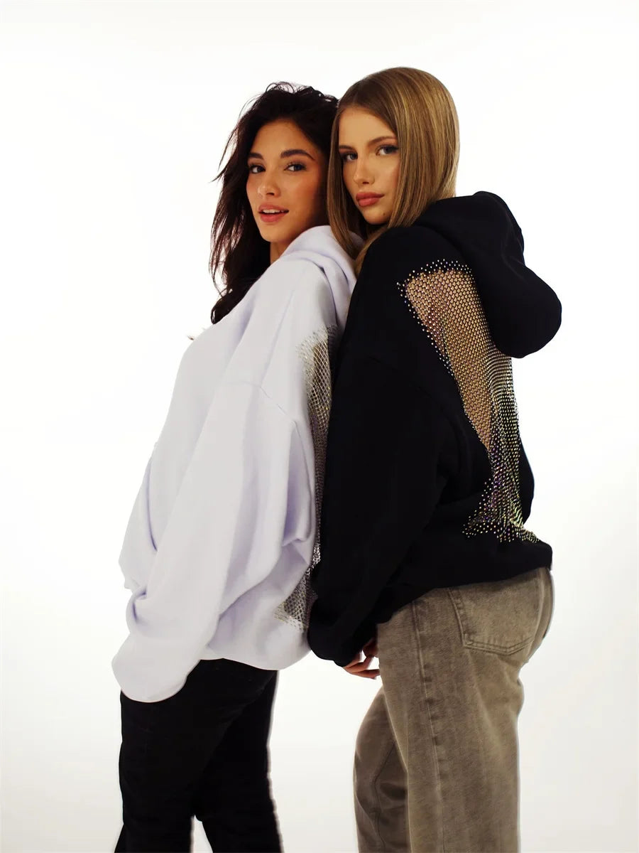 Women's Fashion Translucent Pullover Sweatshirt American Gothic Sexy Hollow Mesh Hoodie Y2K Clothes Casual Long Sleeves Jacket