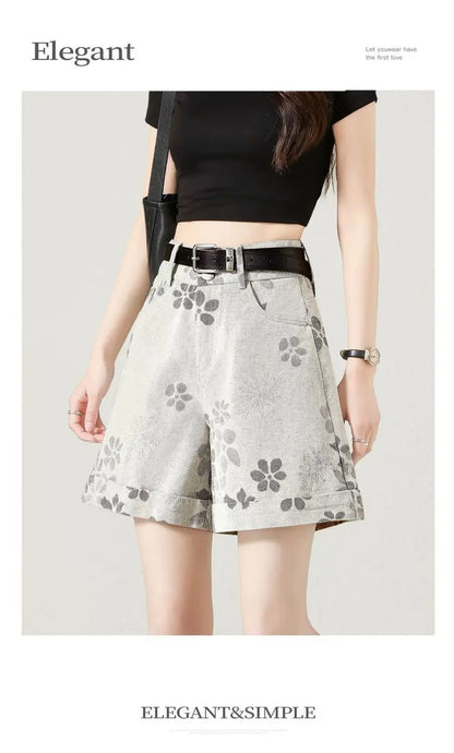 High Waist Floral Print Denim Shorts Women Roll Hem A Line Wide Leg Four Point Pants Summer