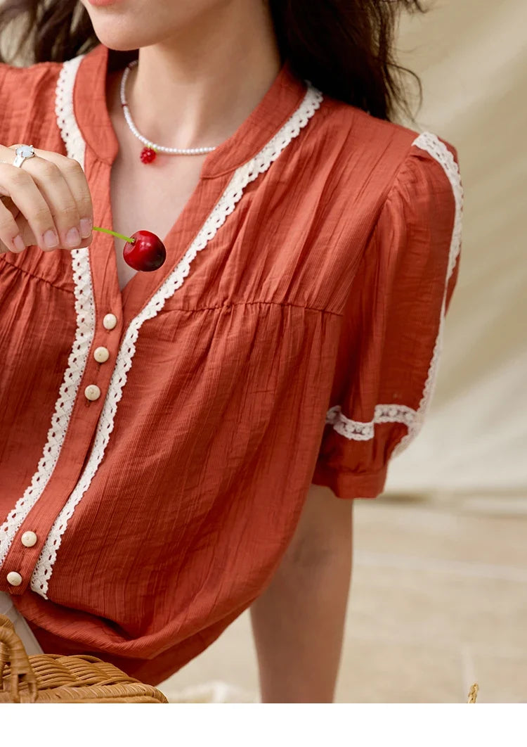 French New Blouses Women Summer New 2025 Short Sleeve V-neck Color Matching Shirts Female Fashion Lazy Style MXE31X1766