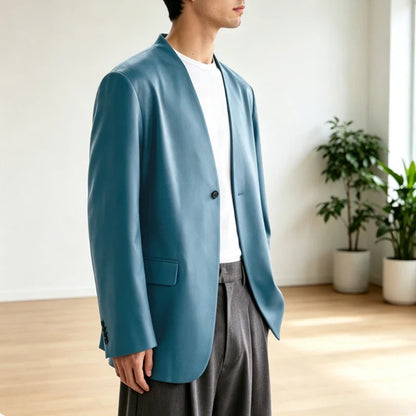 Luxury Men's PU Leather Blazer Collarless Jacket Loose 1 Button Elegant Solid Color Coat for Party Wedding Office Daily Wear